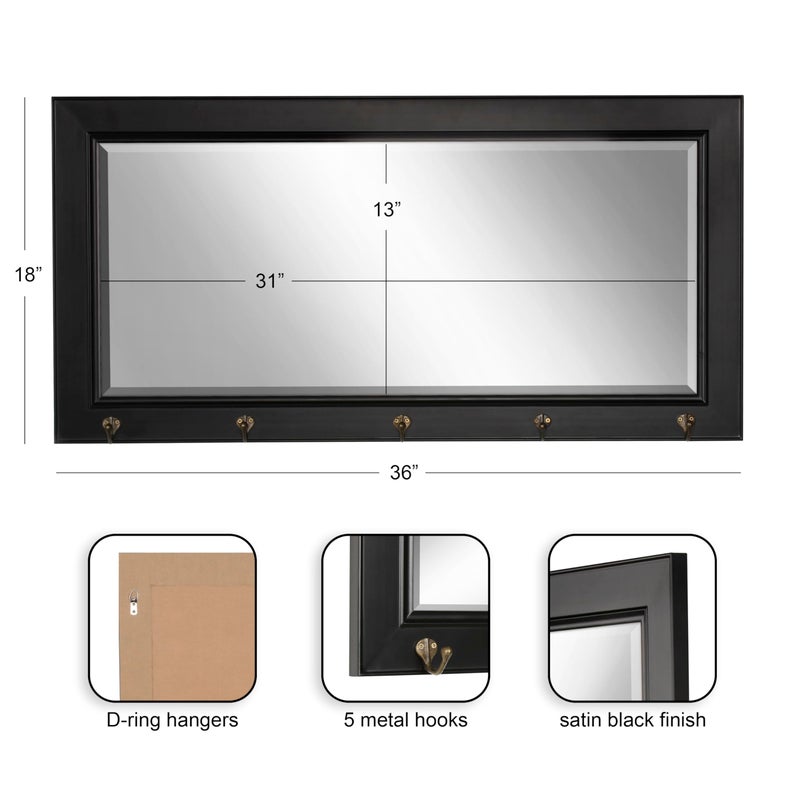 DesignOvation Kate and Laurel Pub Mirrors with 5 Metal Hooks, Black - Image 3